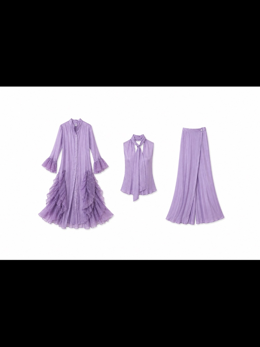 100 % silk 3 pc ruffle set Maxi dress dress bell sleeve tank pants